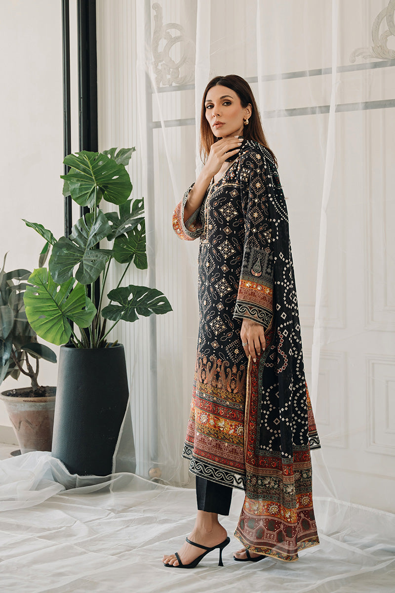 Black Bandhani Embroidered Pure Crepe Salwar Kameez (2-Piece) - Image 2