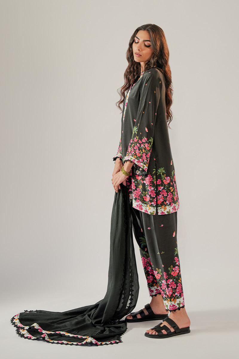 Black Printed Crepe Silk Shalwar Kameez (3-Piece) - Image 2