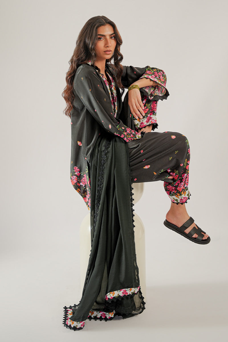 Black Printed Crepe Silk Shalwar Kameez (3-Piece) - Image 3