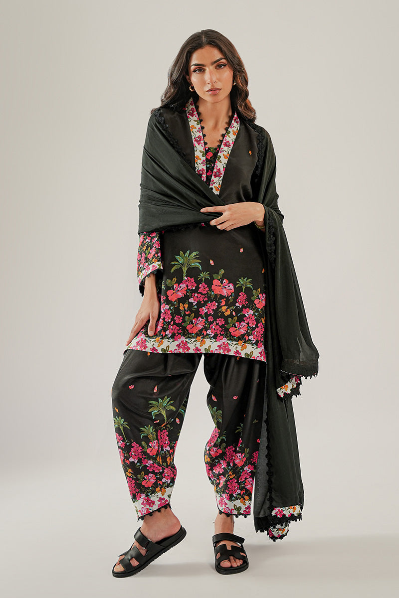Pakistani Black Printed Crepe Silk Shalwar Kameez (3-Piece) - Image 1