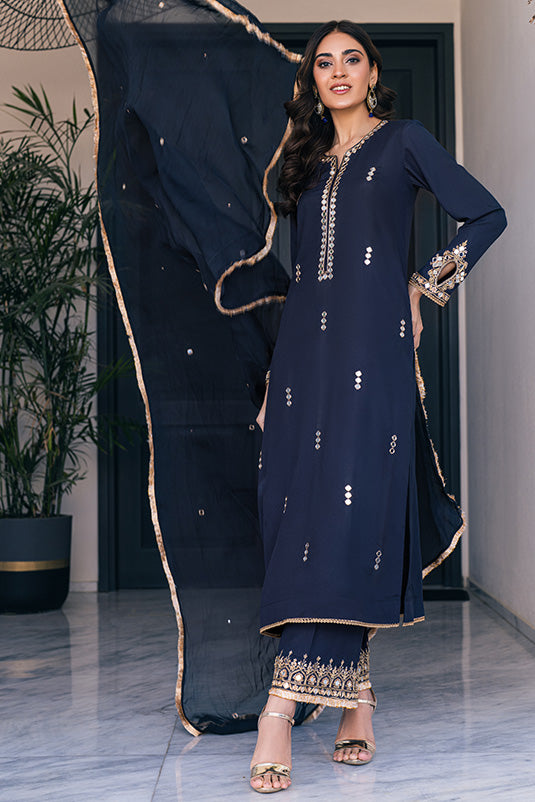 Pakistani Black Mirror & Zardozi Crepe Silk Salwar Kameez (3-Piece) - Image 2