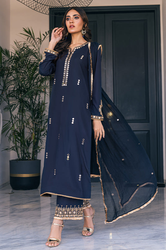 Pakistani Black Mirror & Zardozi Crepe Silk Salwar Kameez (3-Piece) - Image 3