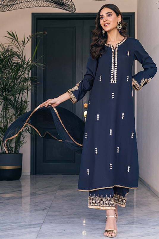 Pakistani Black Mirror & Zardozi Crepe Silk Salwar Kameez (3-Piece) - Image 5