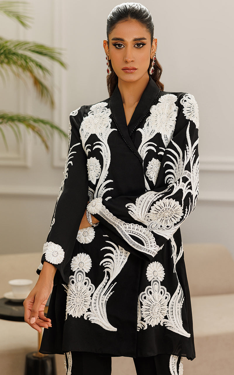 Pakistani Black Monochrome Embroidered Crepe Jacket & Trouser (2-Piece) - Image 2