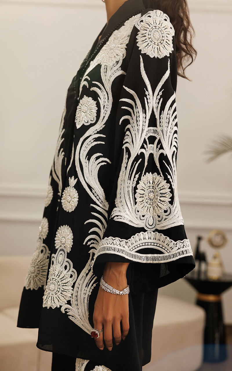 Pakistani Black Monochrome Embroidered Crepe Jacket & Trouser (2-Piece) - Image 3