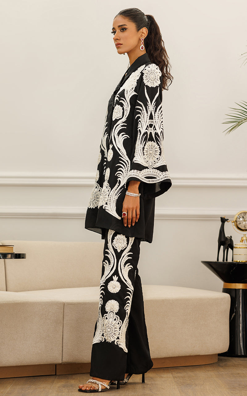 Pakistani Black Monochrome Embroidered Crepe Jacket & Trouser (2-Piece) - Image 4