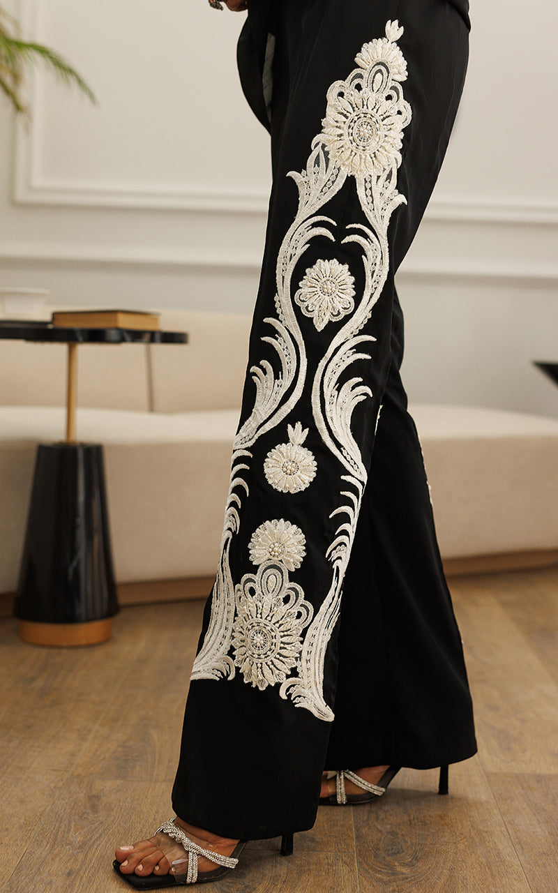 Pakistani Black Monochrome Embroidered Crepe Jacket & Trouser (2-Piece) - Image 5