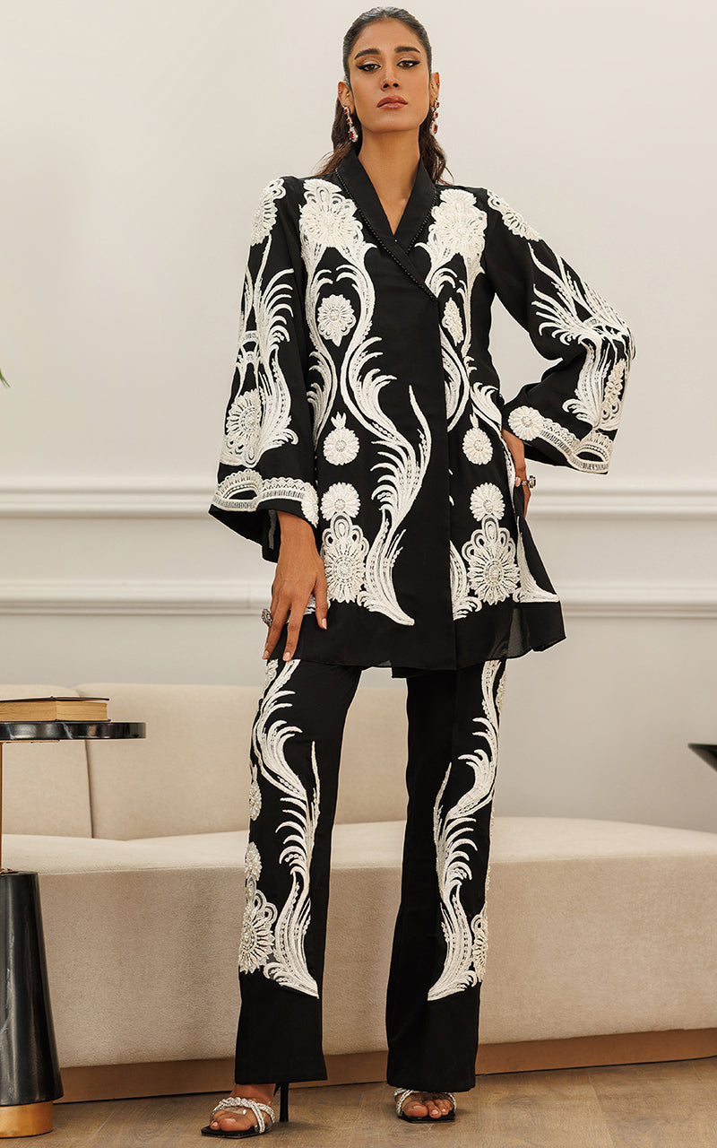 Pakistani Black Monochrome Embroidered Crepe Jacket & Trouser (2-Piece) - Image 7
