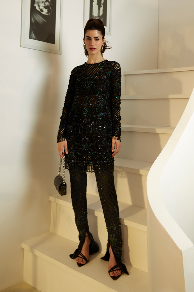 Black Beaded Cutwork Mesh Salwar Kameez (2-Piece) - Image 1