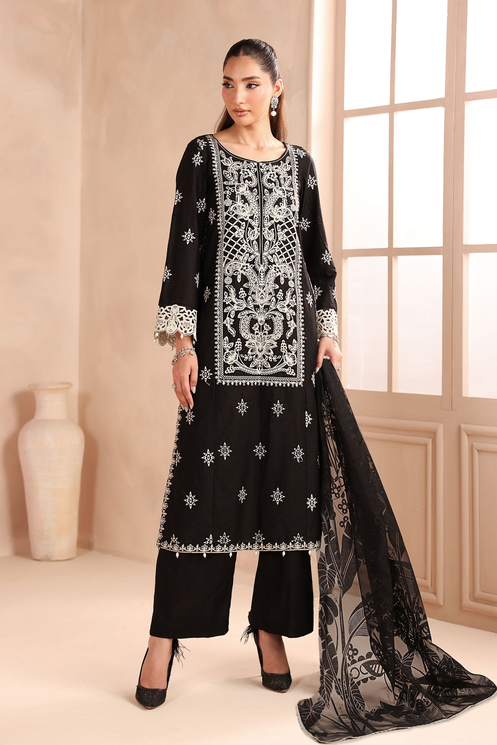 Pakistani Black Embroidered Dobby 3-Piece Suit - Image 1