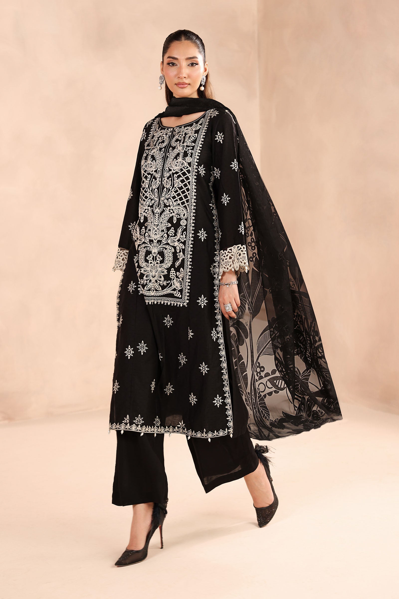 Pakistani Black Embroidered Dobby 3-Piece Suit - Image 4