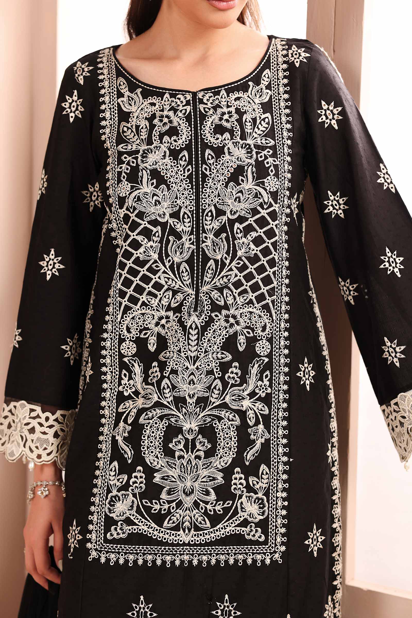Pakistani Black Embroidered Dobby 3-Piece Suit - Image 5