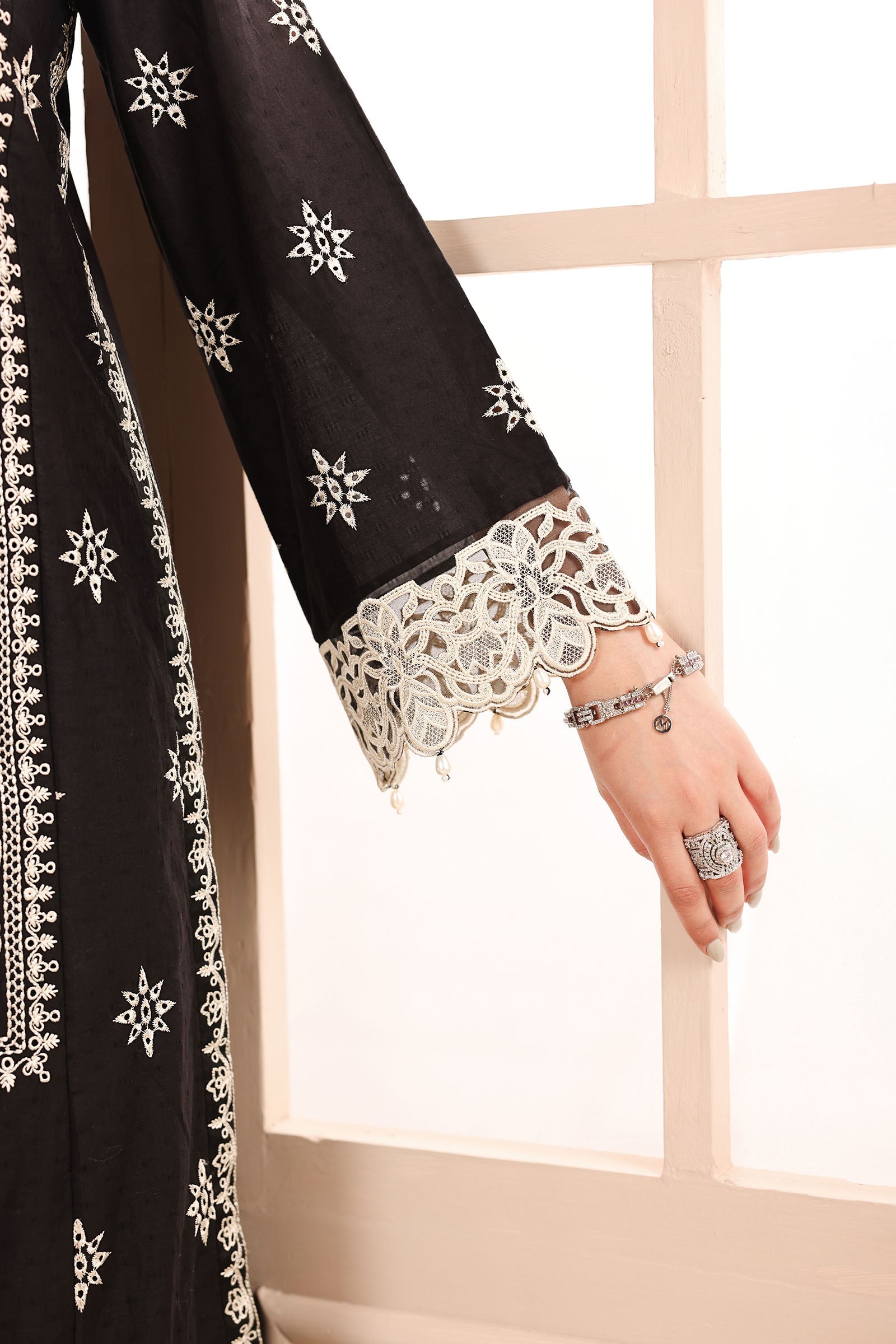 Pakistani Black Embroidered Dobby 3-Piece Suit - Image 6