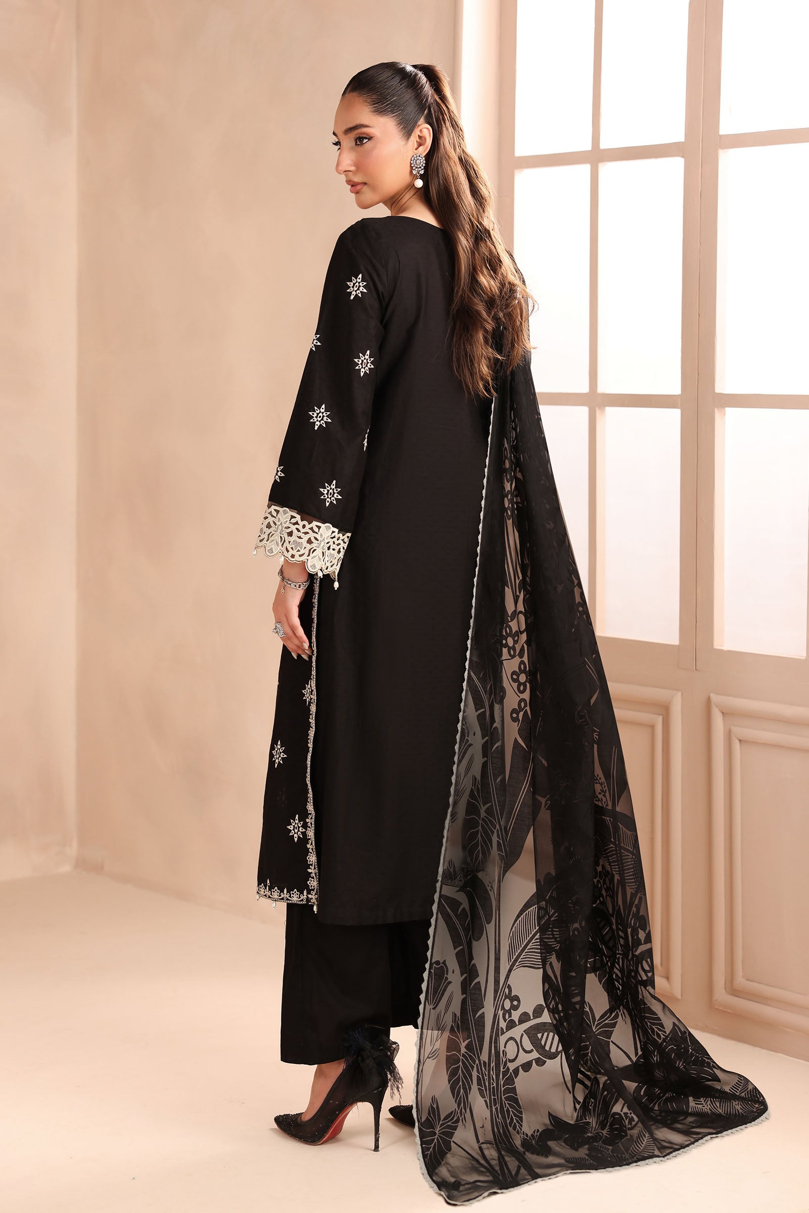 Pakistani Black Embroidered Dobby 3-Piece Suit - Image 7