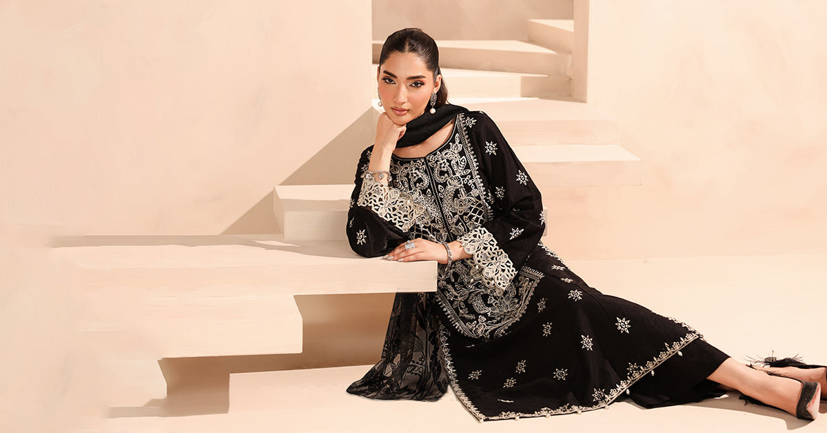 Pakistani Black Embroidered Dobby 3-Piece Suit - Image 8