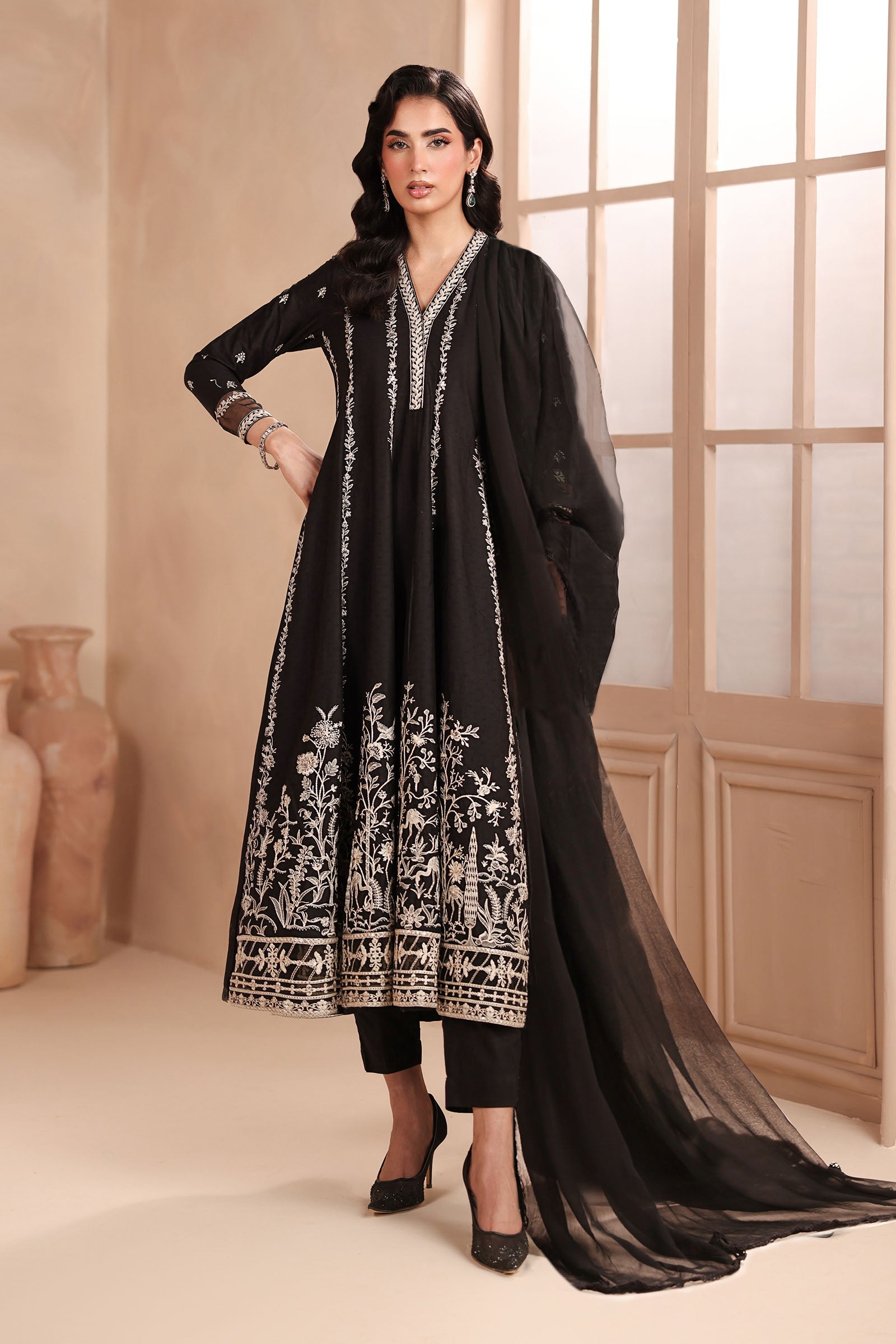 Pakistani Black Embroidered Dobby 3-Piece Suit - Image 1