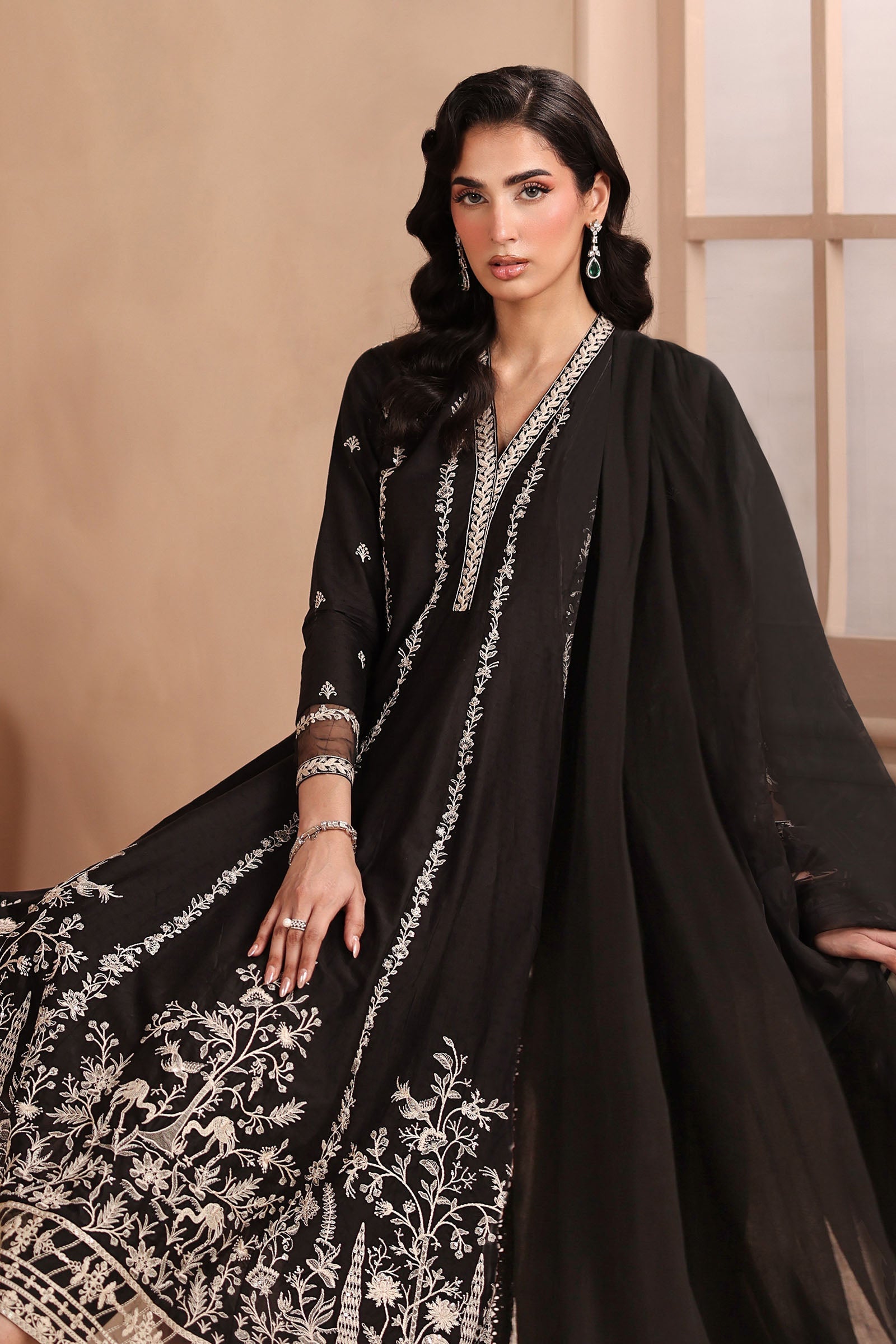 Pakistani Black Embroidered Dobby 3-Piece Suit - Image 2