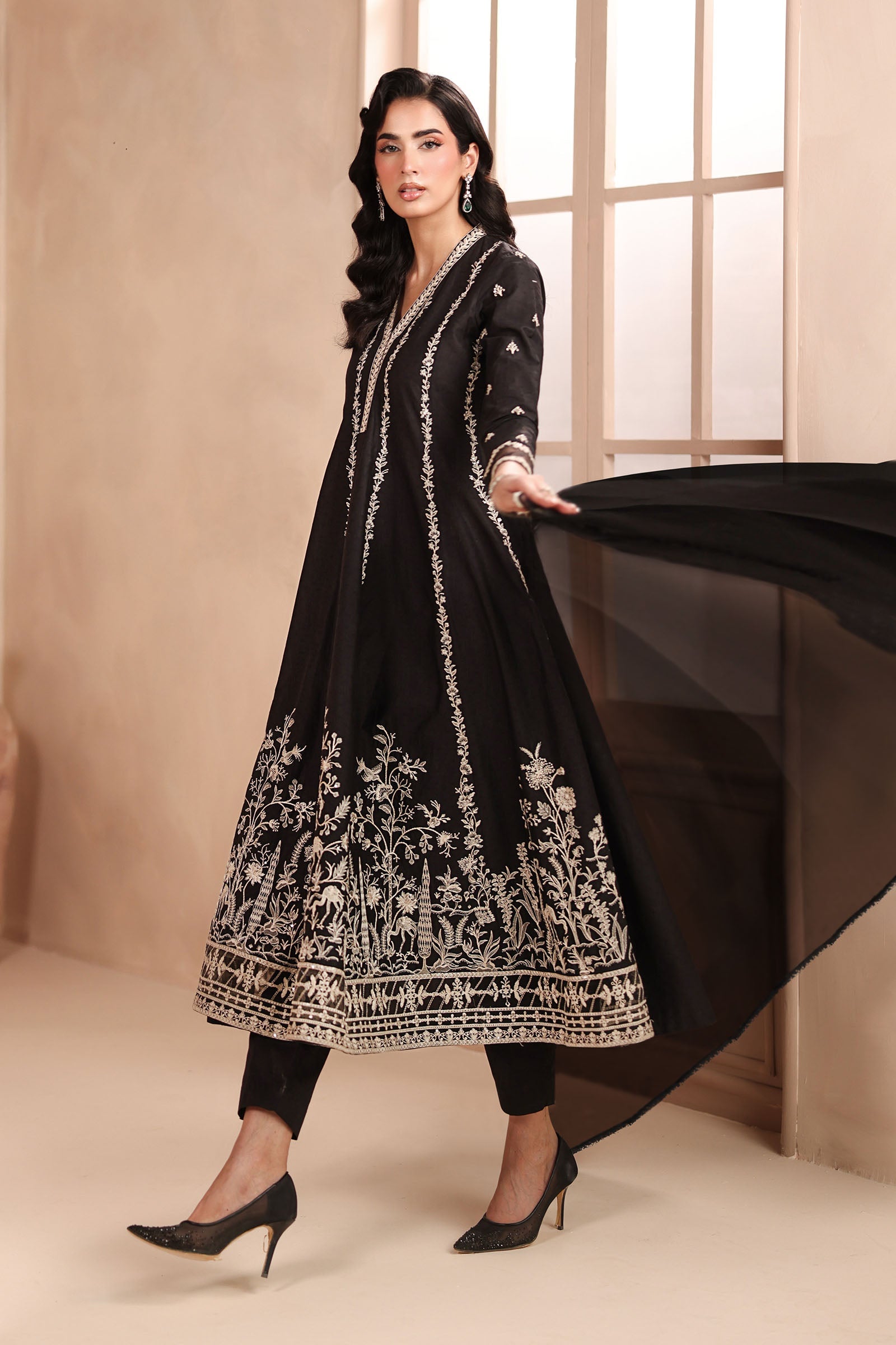 Pakistani Black Embroidered Dobby 3-Piece Suit - Image 7