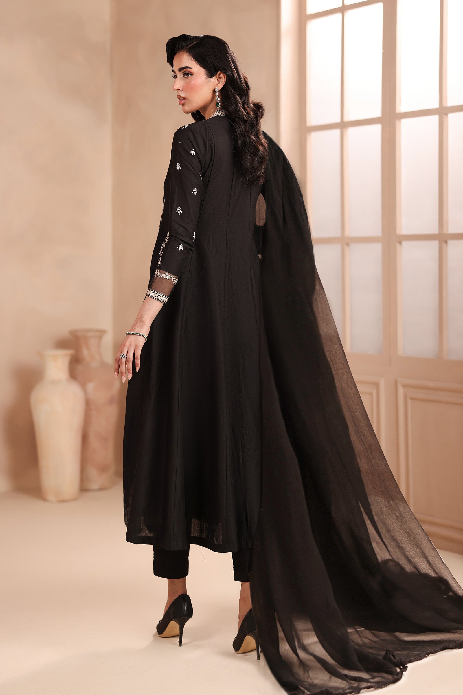Pakistani Black Embroidered Dobby 3-Piece Suit - Image 8
