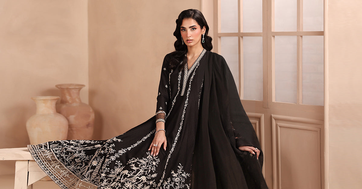 Pakistani Black Embroidered Dobby 3-Piece Suit - Image 9