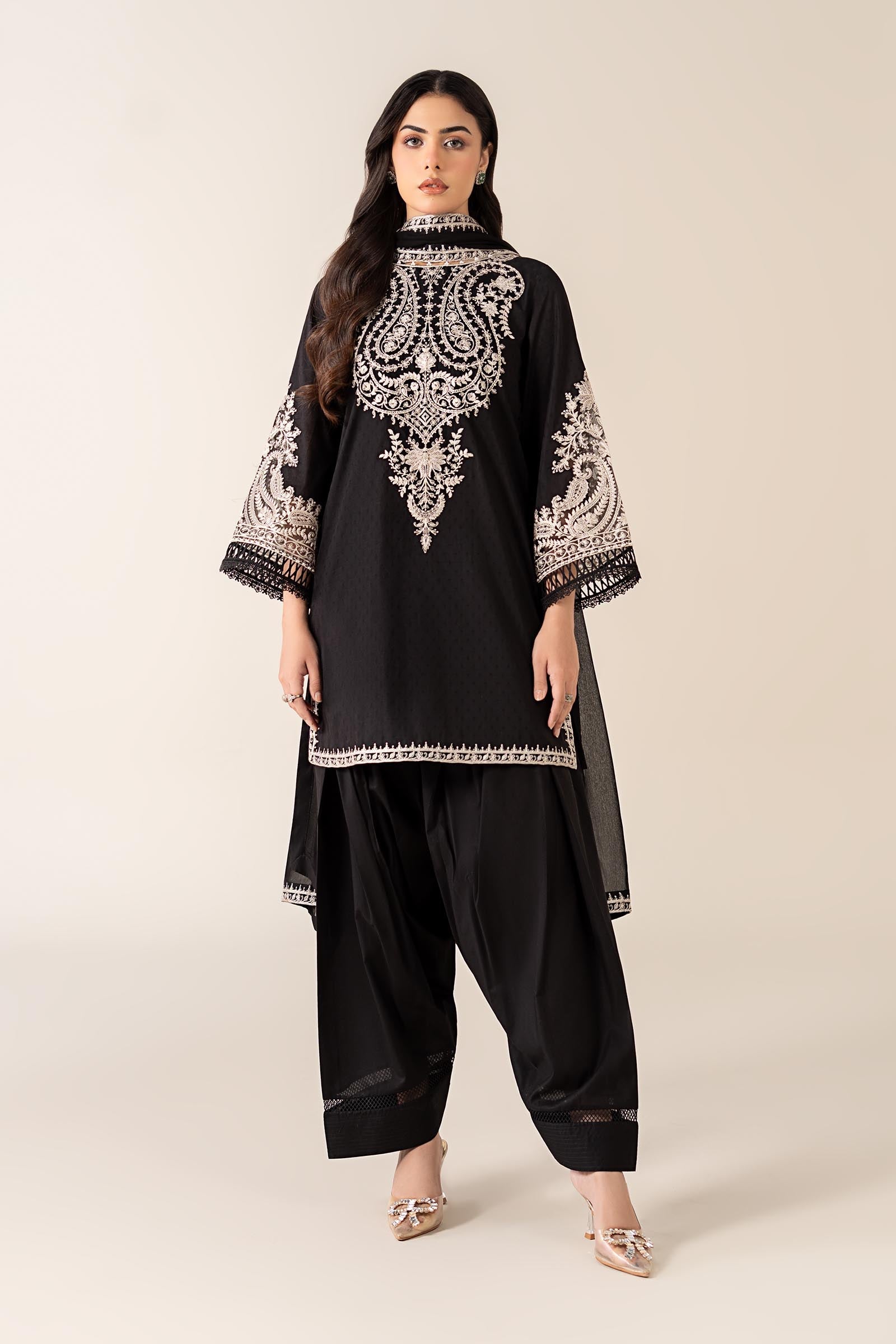 Black Embroidered Dobby Salwar Kameez (3-Piece) - Image 1