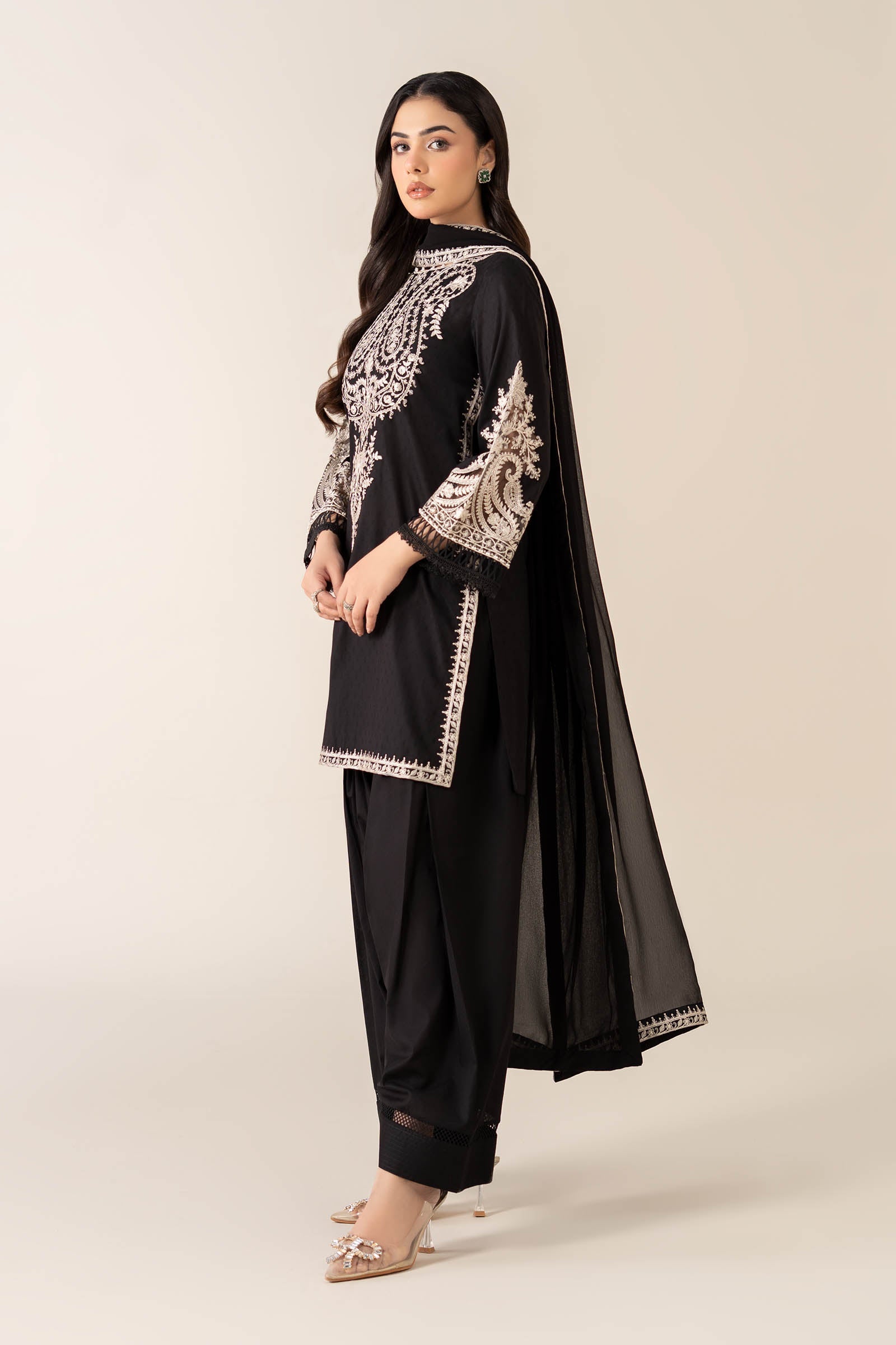 Black Embroidered Dobby Salwar Kameez (3-Piece) - Image 7