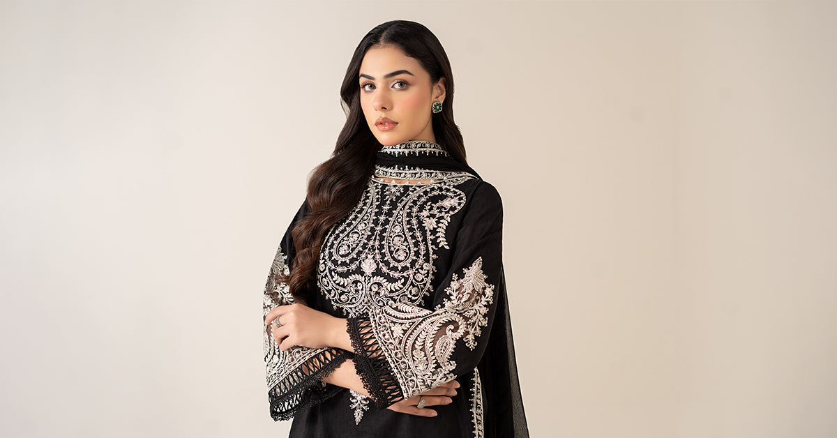 Black Embroidered Dobby Salwar Kameez (3-Piece) - Image 9