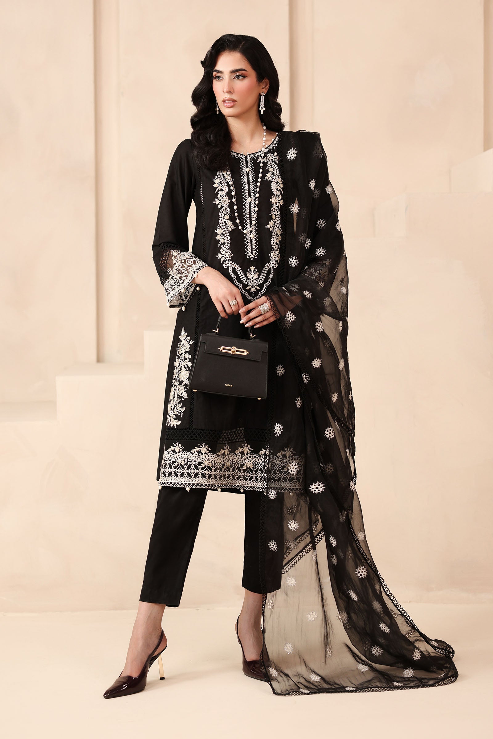 Black Embroidered Dobby 3-Piece Suit - Image 1