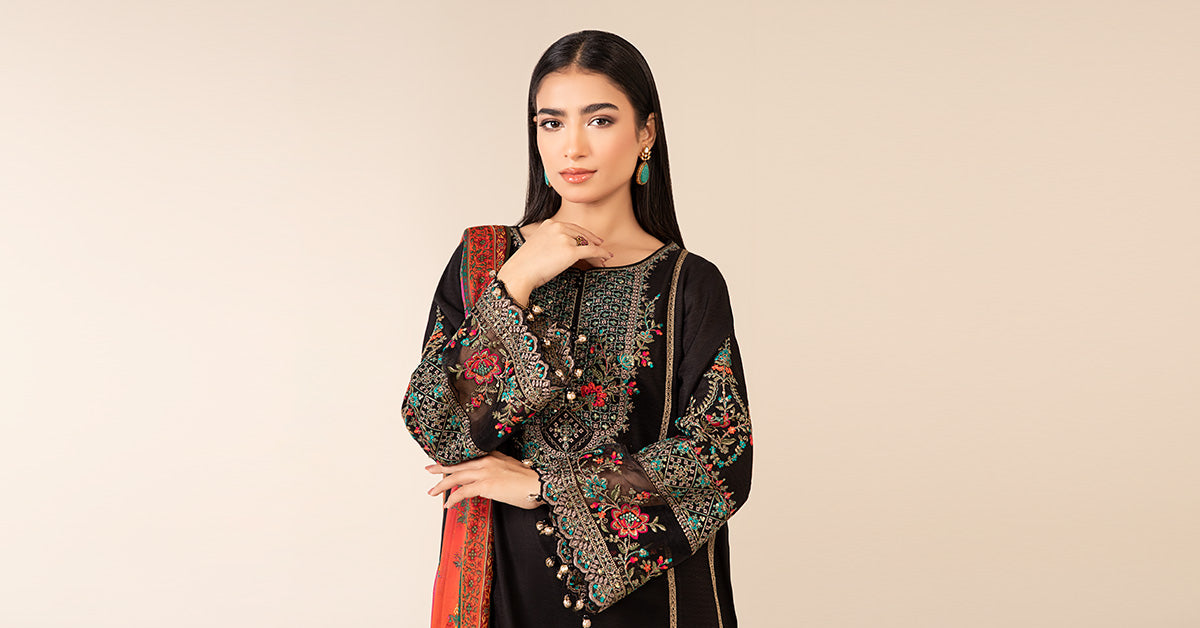 Black Embroidered Dobby Salwar Kameez (3-Piece) - Image 2