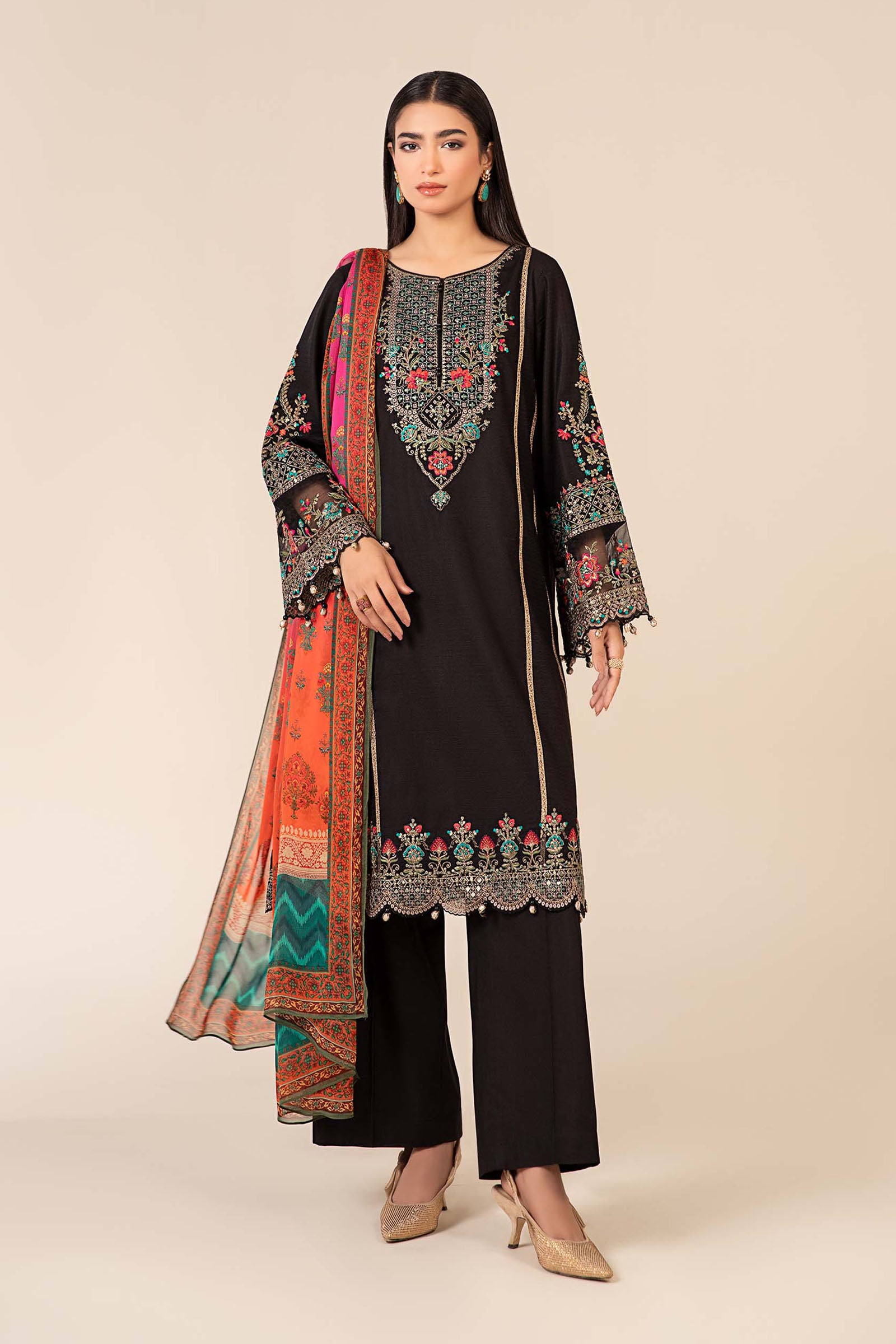 Black Embroidered Dobby Salwar Kameez (3-Piece) - Image 3