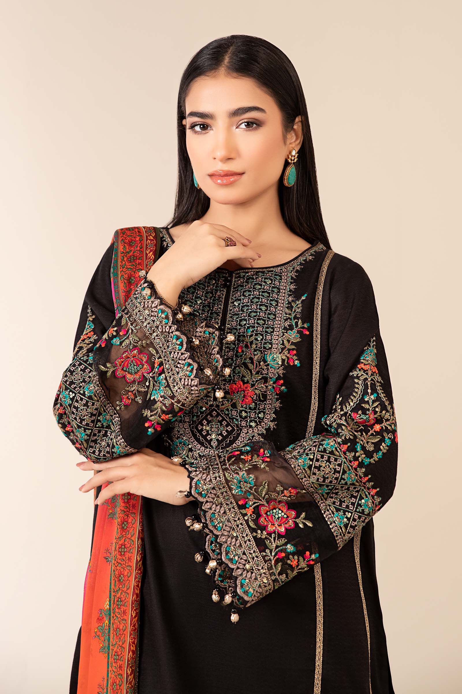 Black Embroidered Dobby Salwar Kameez (3-Piece) - Image 4