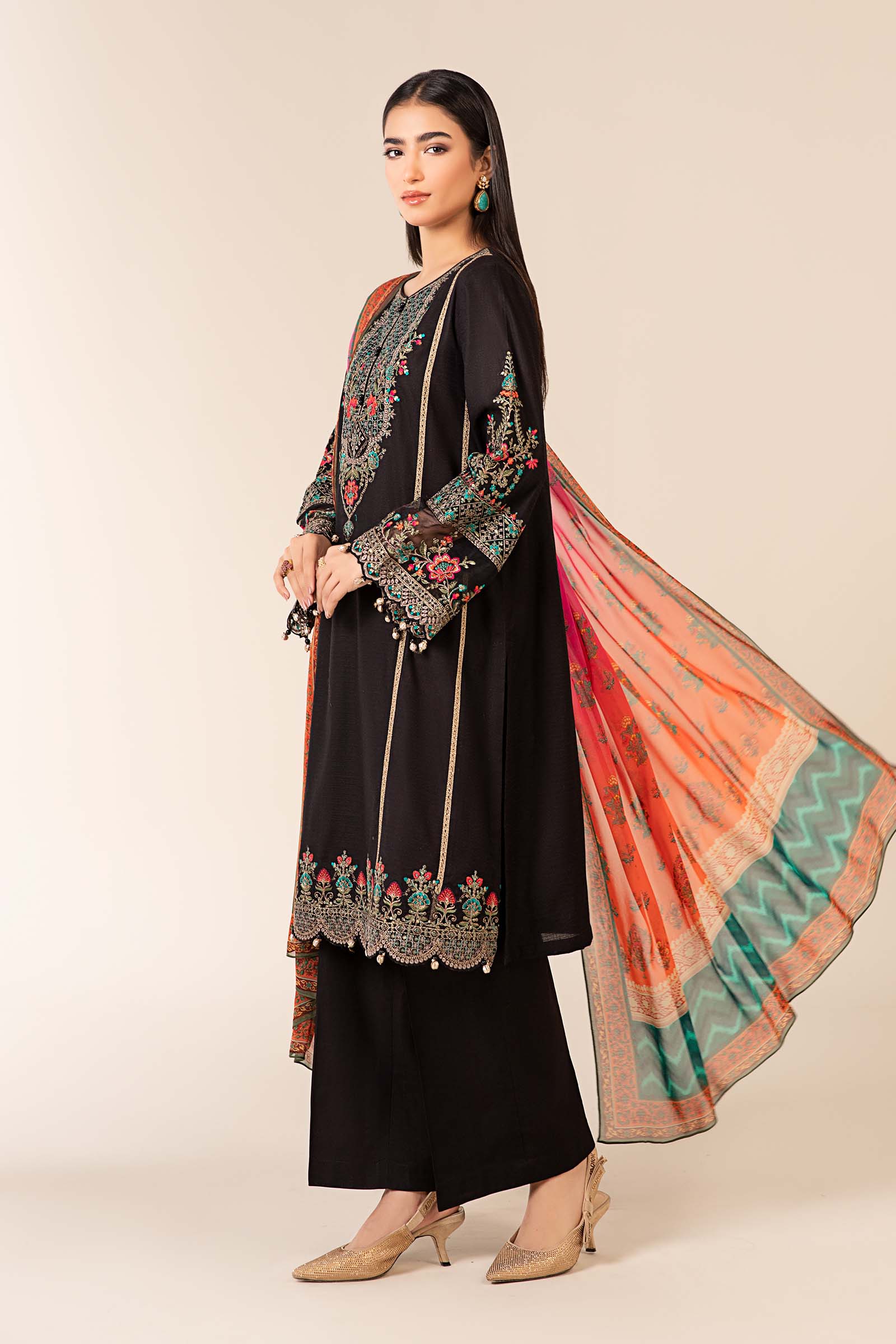 Black Embroidered Dobby Salwar Kameez (3-Piece) - Image 5