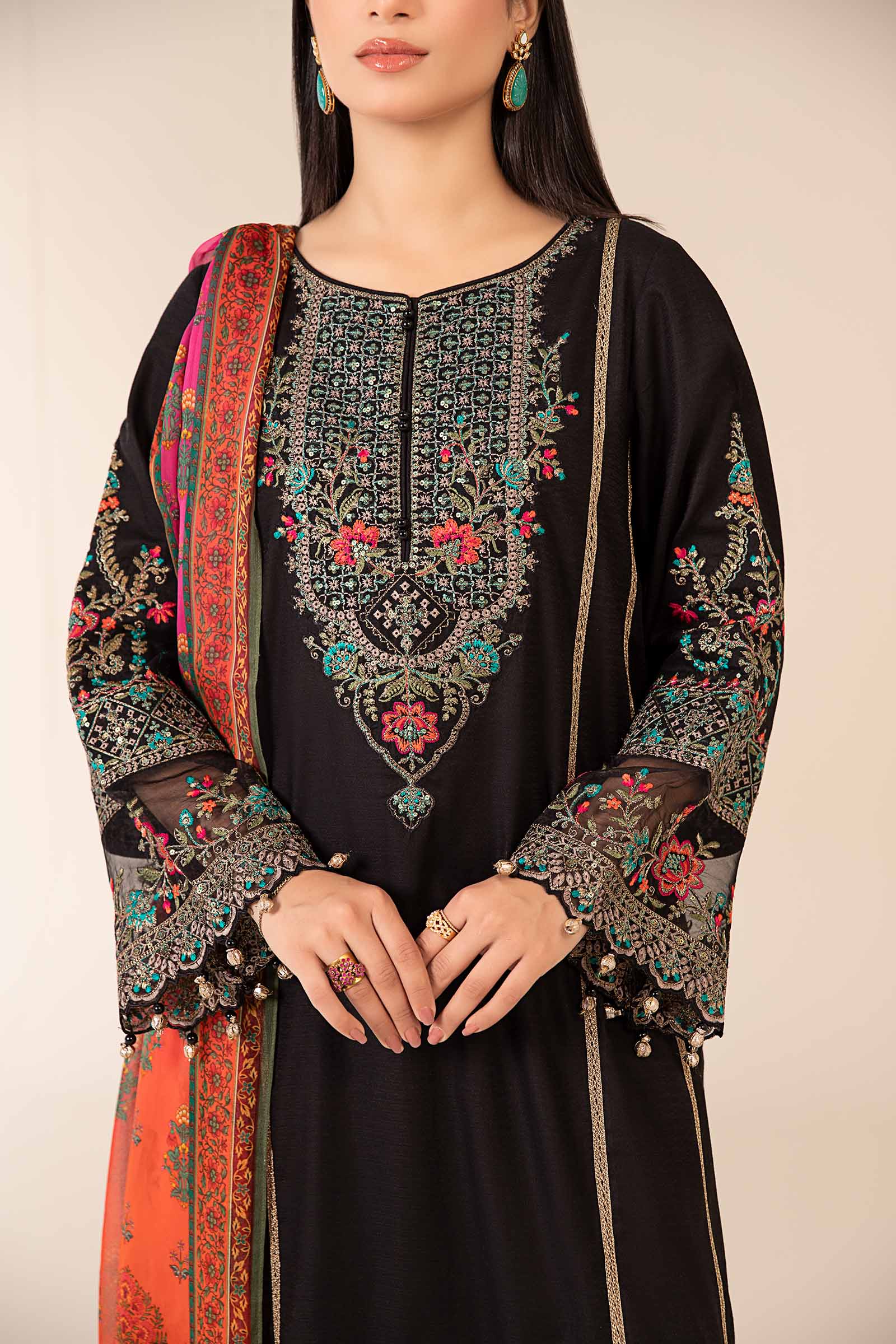 Black Embroidered Dobby Salwar Kameez (3-Piece) - Image 8