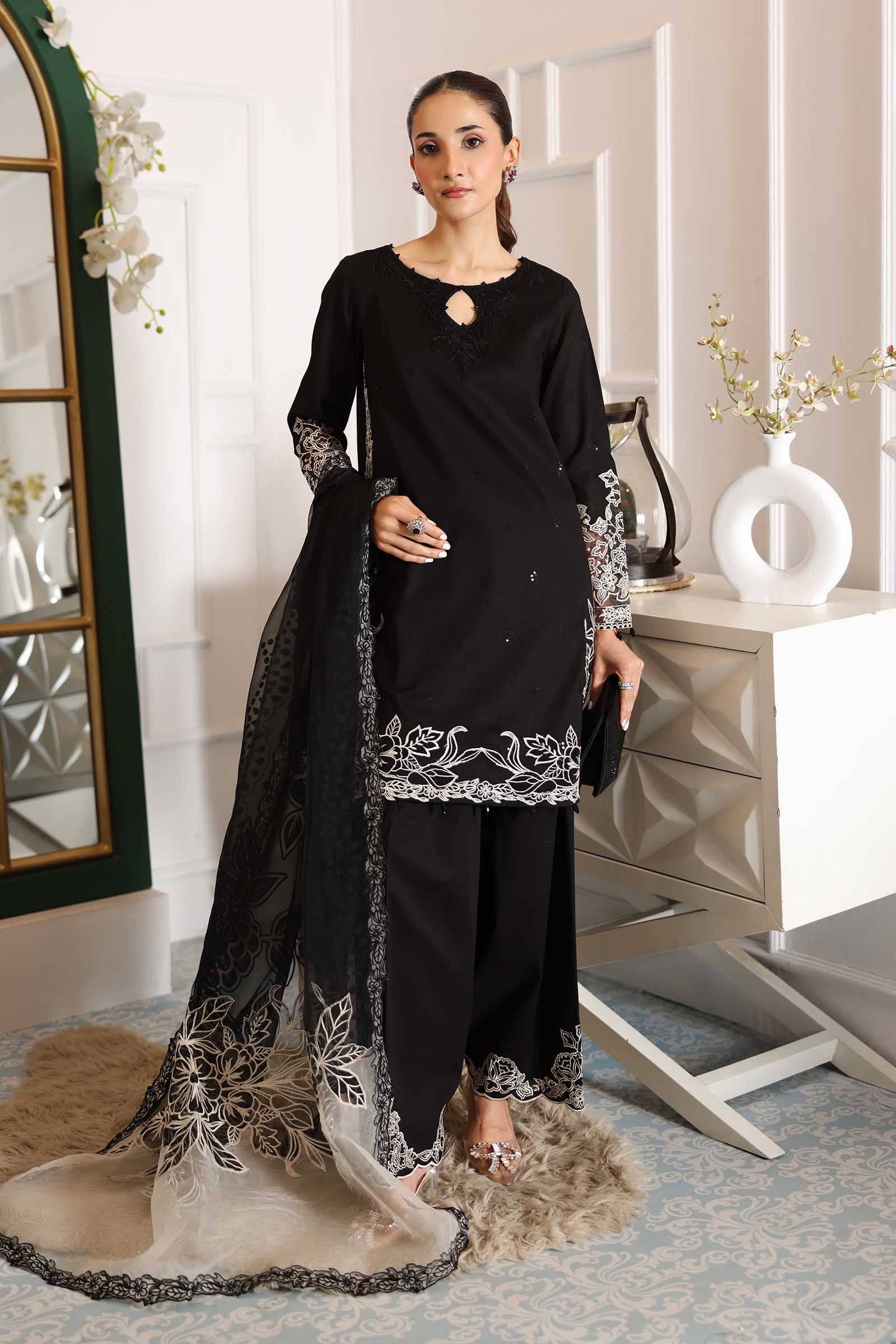 Black Embroidered Dobby Salwar Kameez (3-Piece) - Image 1