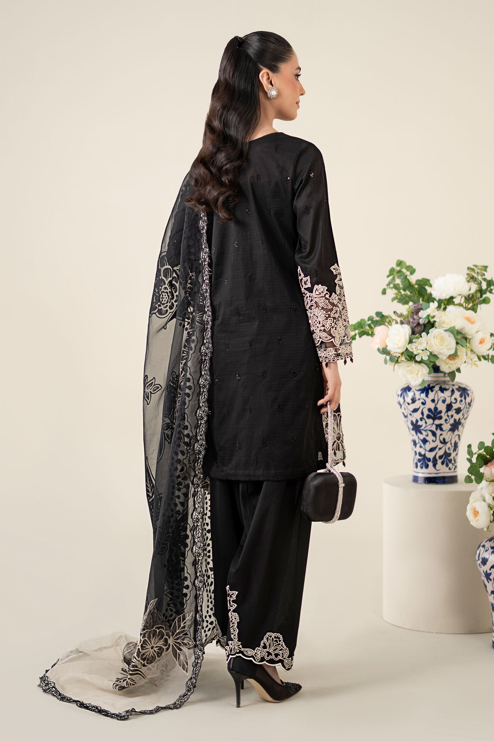 Black Embroidered Dobby Salwar Kameez (3-Piece) - Image 12