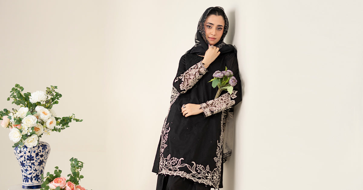 Black Embroidered Dobby Salwar Kameez (3-Piece) - Image 13