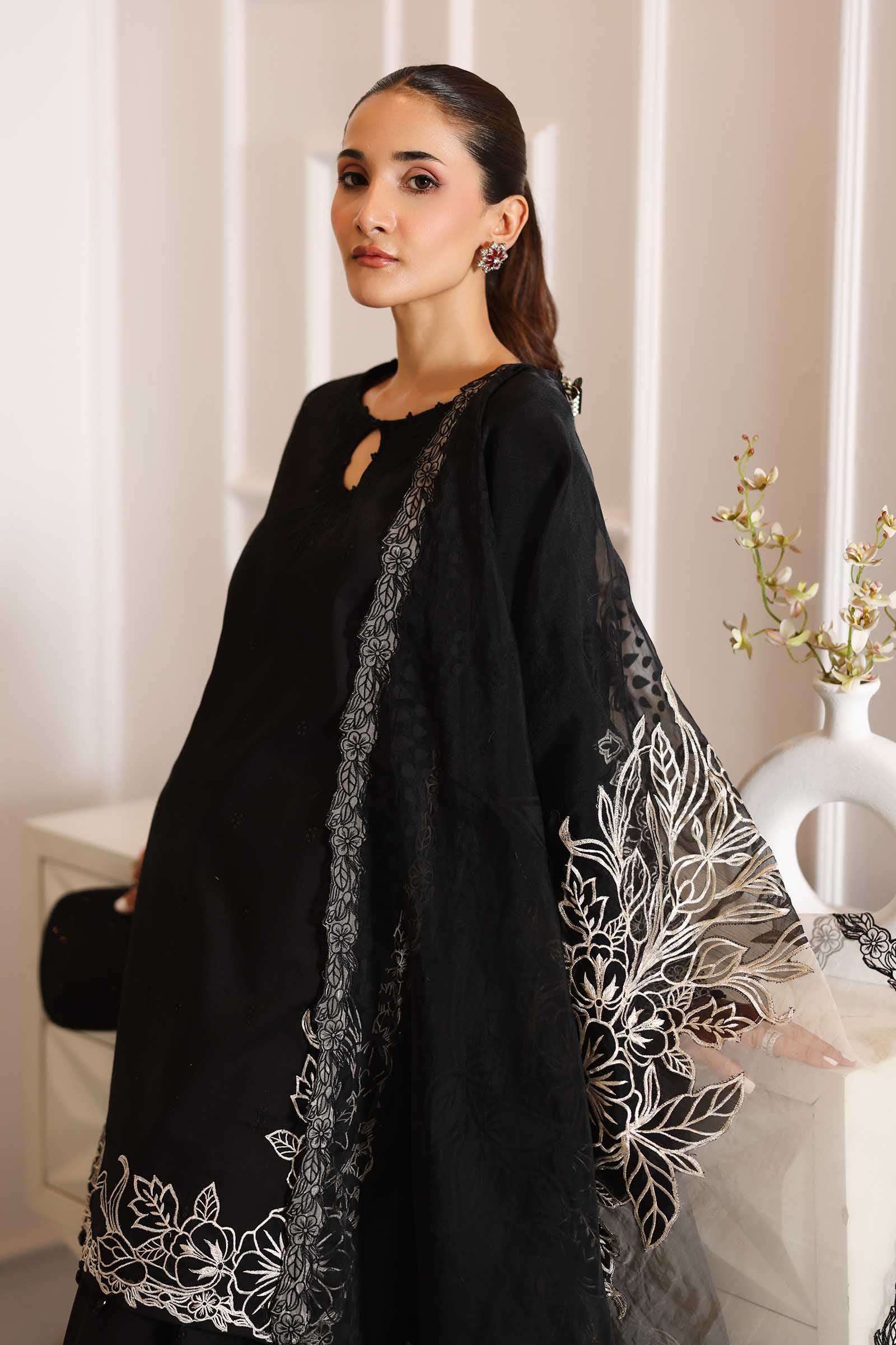 Black Embroidered Dobby Salwar Kameez (3-Piece) - Image 2