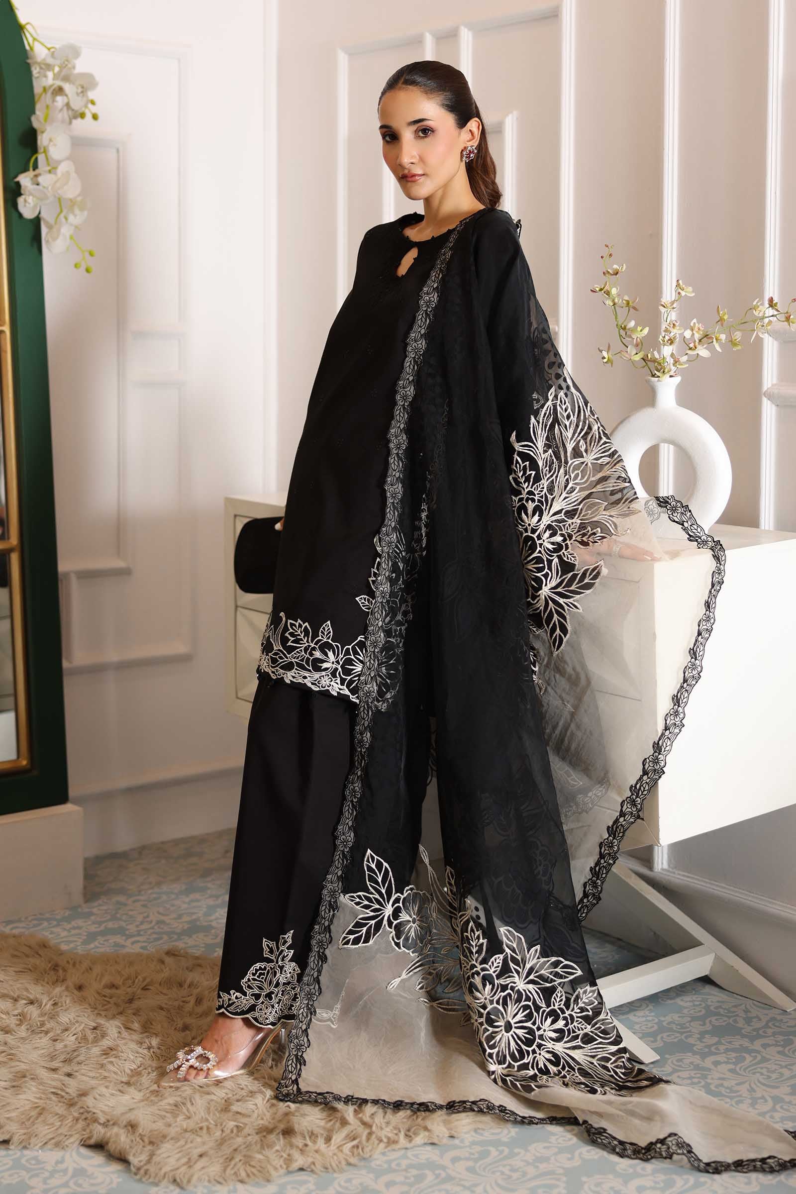 Black Embroidered Dobby Salwar Kameez (3-Piece) - Image 3