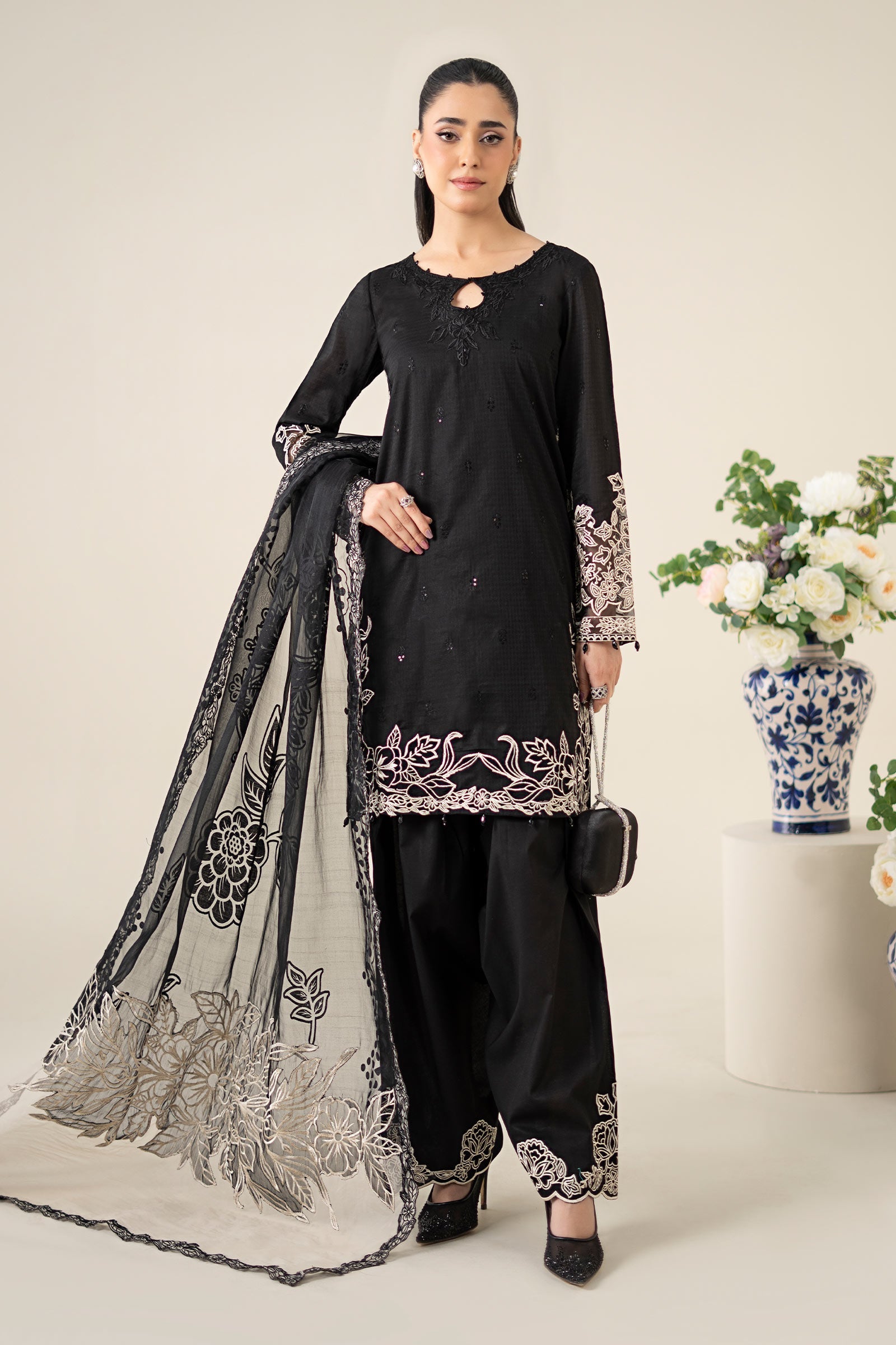 Black Embroidered Dobby Salwar Kameez (3-Piece) - Image 4