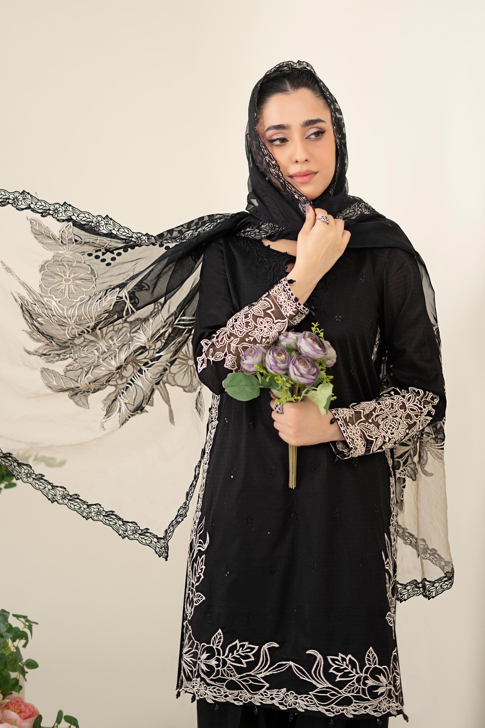 Black Embroidered Dobby Salwar Kameez (3-Piece) - Image 5