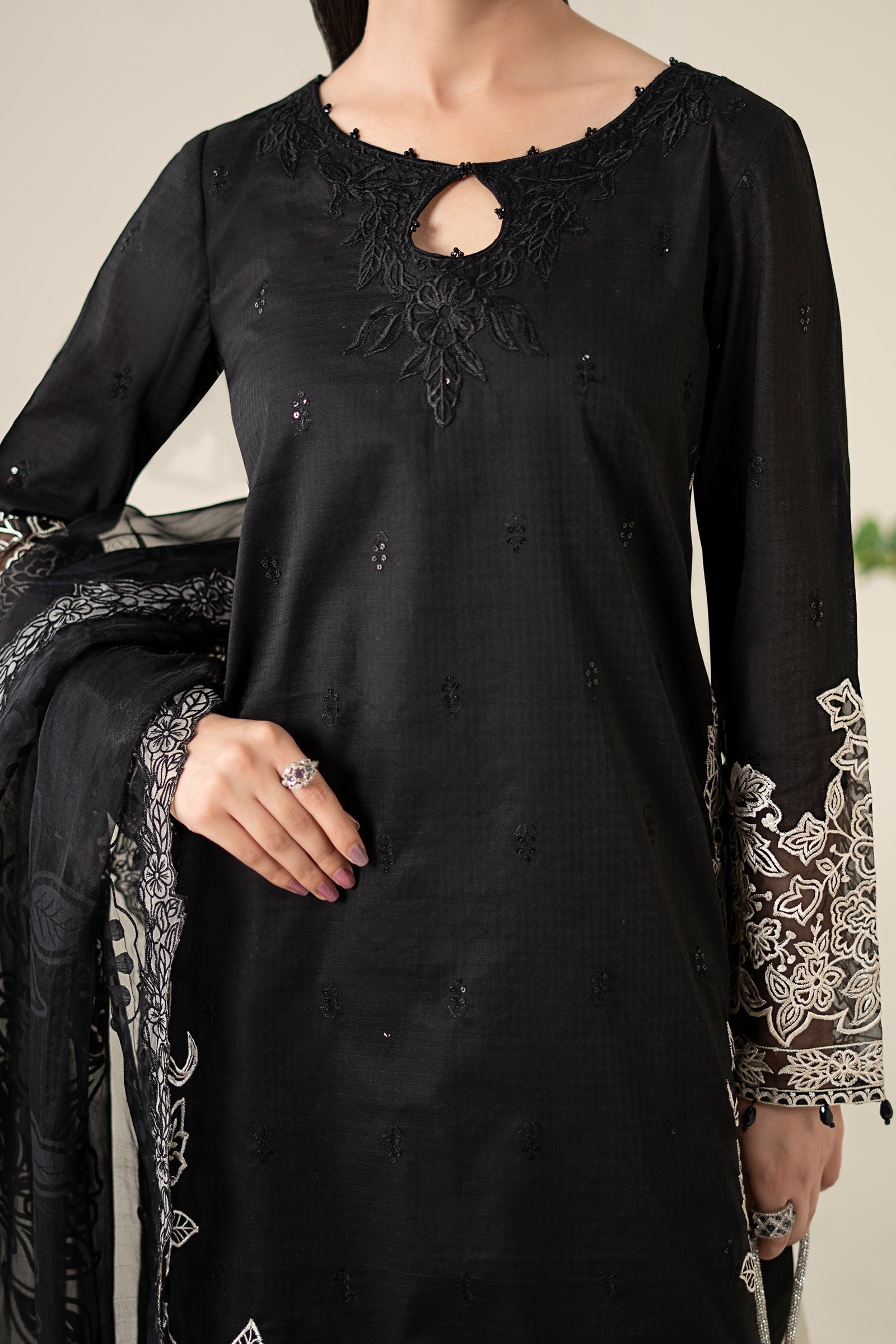 Black Embroidered Dobby Salwar Kameez (3-Piece) - Image 6