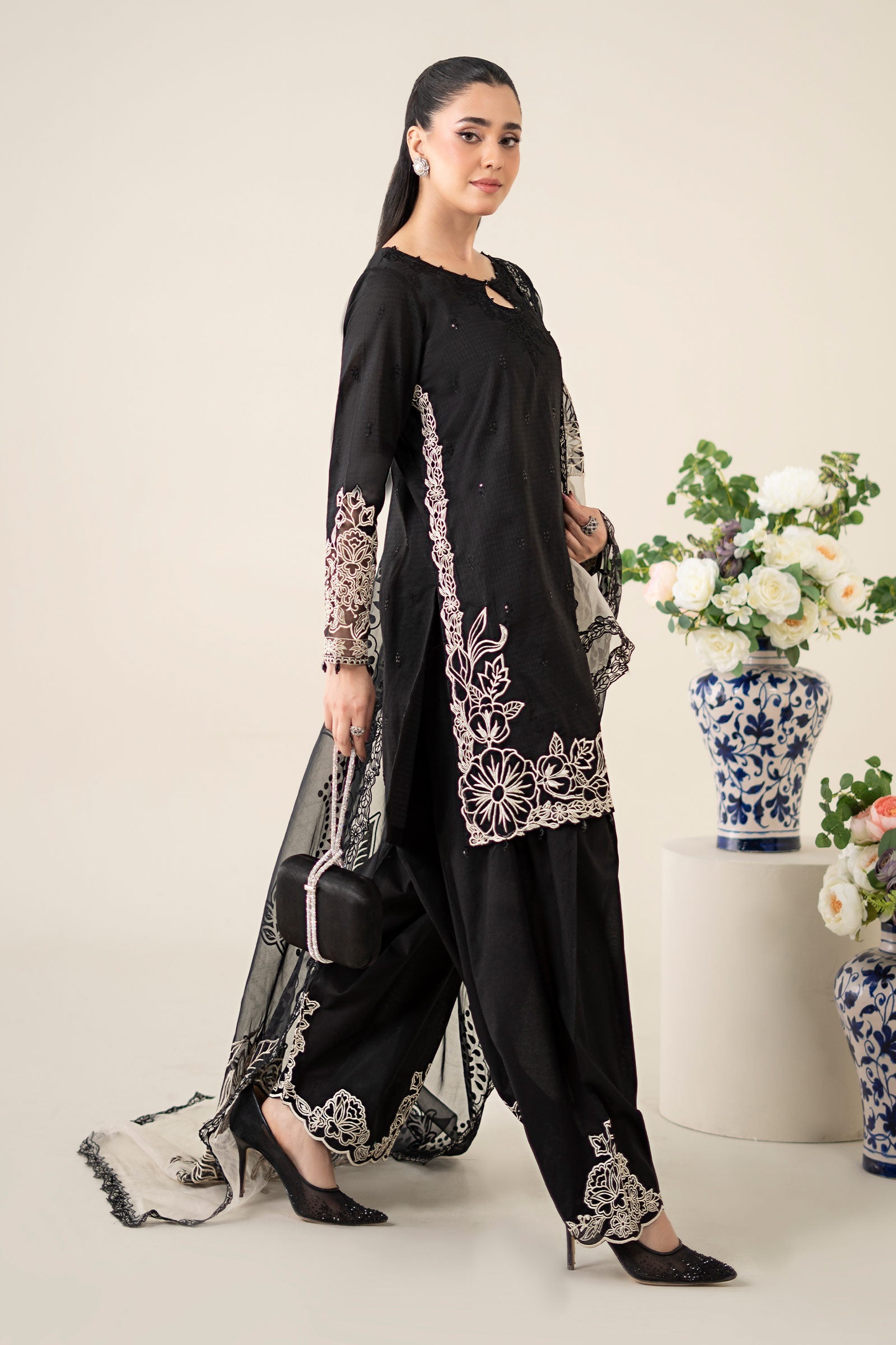 Black Embroidered Dobby Salwar Kameez (3-Piece) - Image 7