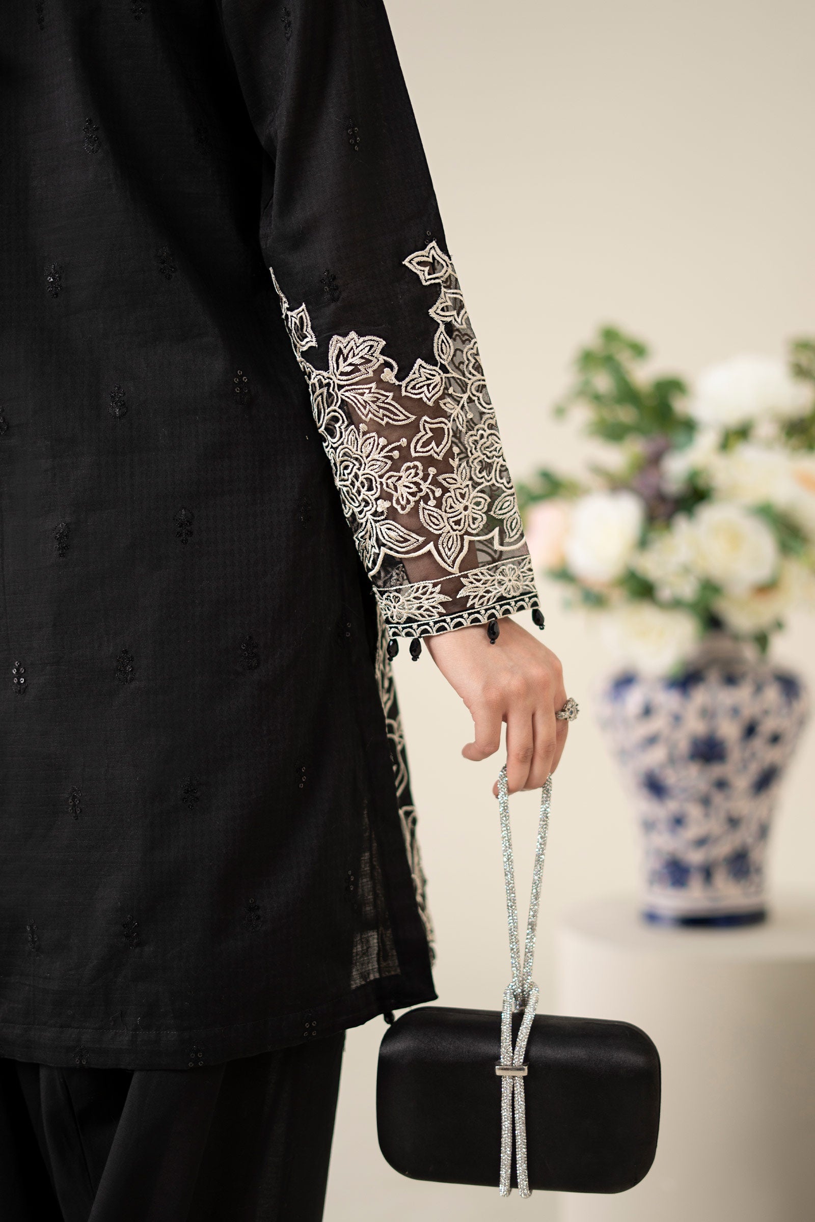 Black Embroidered Dobby Salwar Kameez (3-Piece) - Image 8