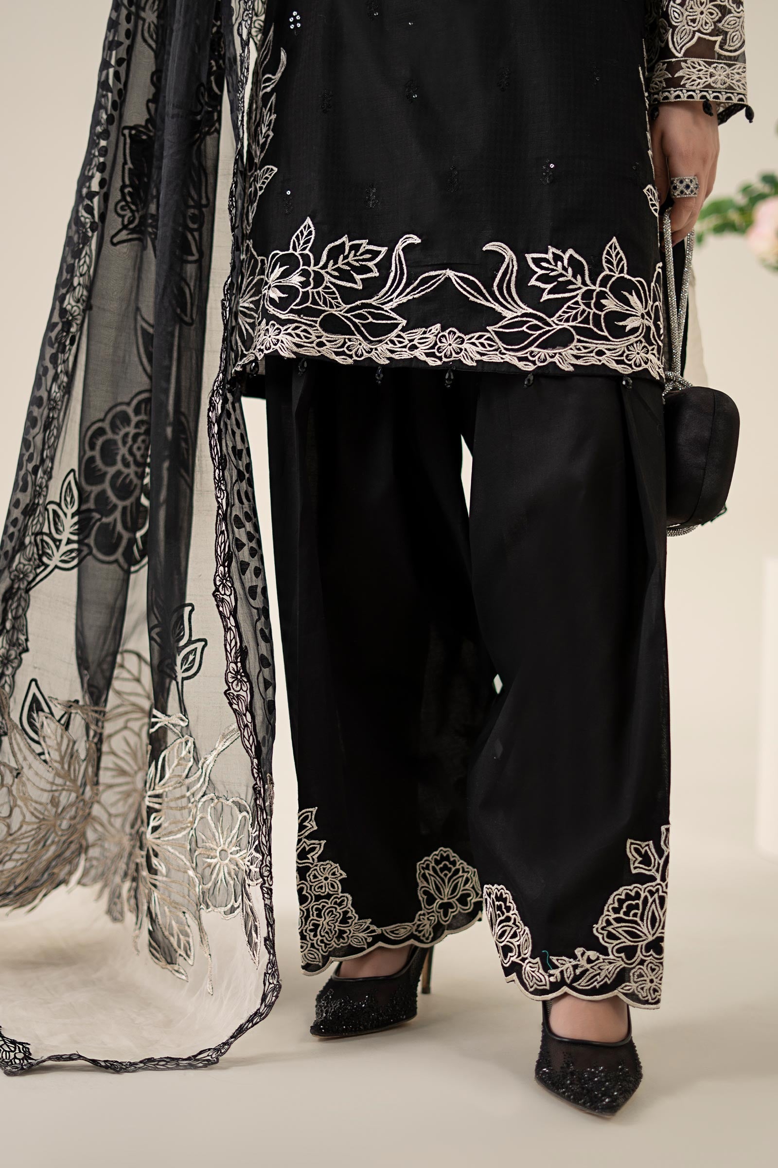 Black Embroidered Dobby Salwar Kameez (3-Piece) - Image 9