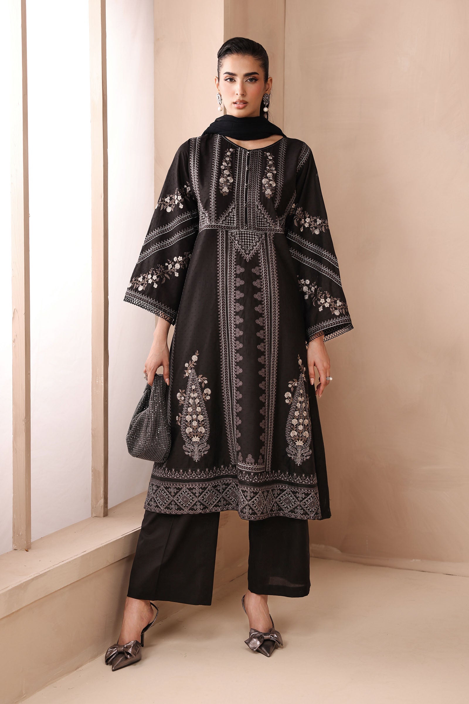 Pakistani Black Embroidered Dobby 3-Piece Suit - Image 1
