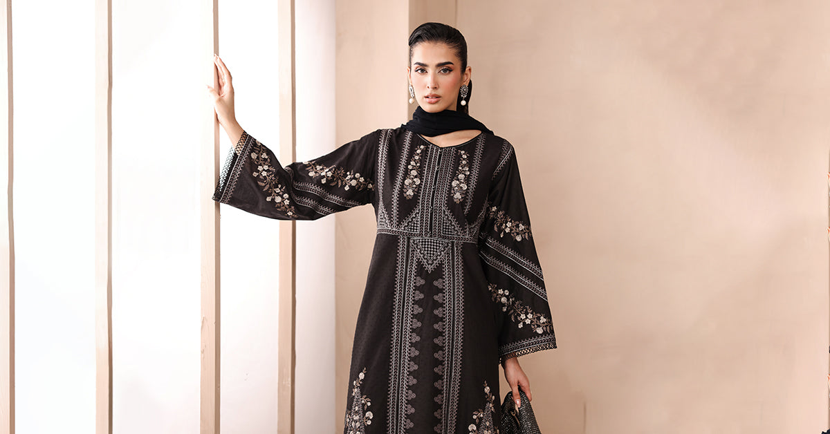 Pakistani Black Embroidered Dobby 3-Piece Suit - Image 8
