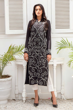 Pakistani Black Resham Dori Georgette Chiffon Tunic Set (3-Piece) - Image 1