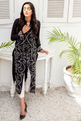 Pakistani Black Resham Dori Georgette Chiffon Tunic Set (3-Piece) - Image 6