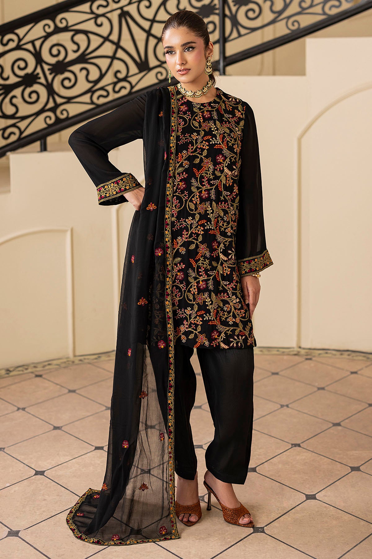 Black Embroidered Georgette Chiffon 3-Piece Suit - Image 1