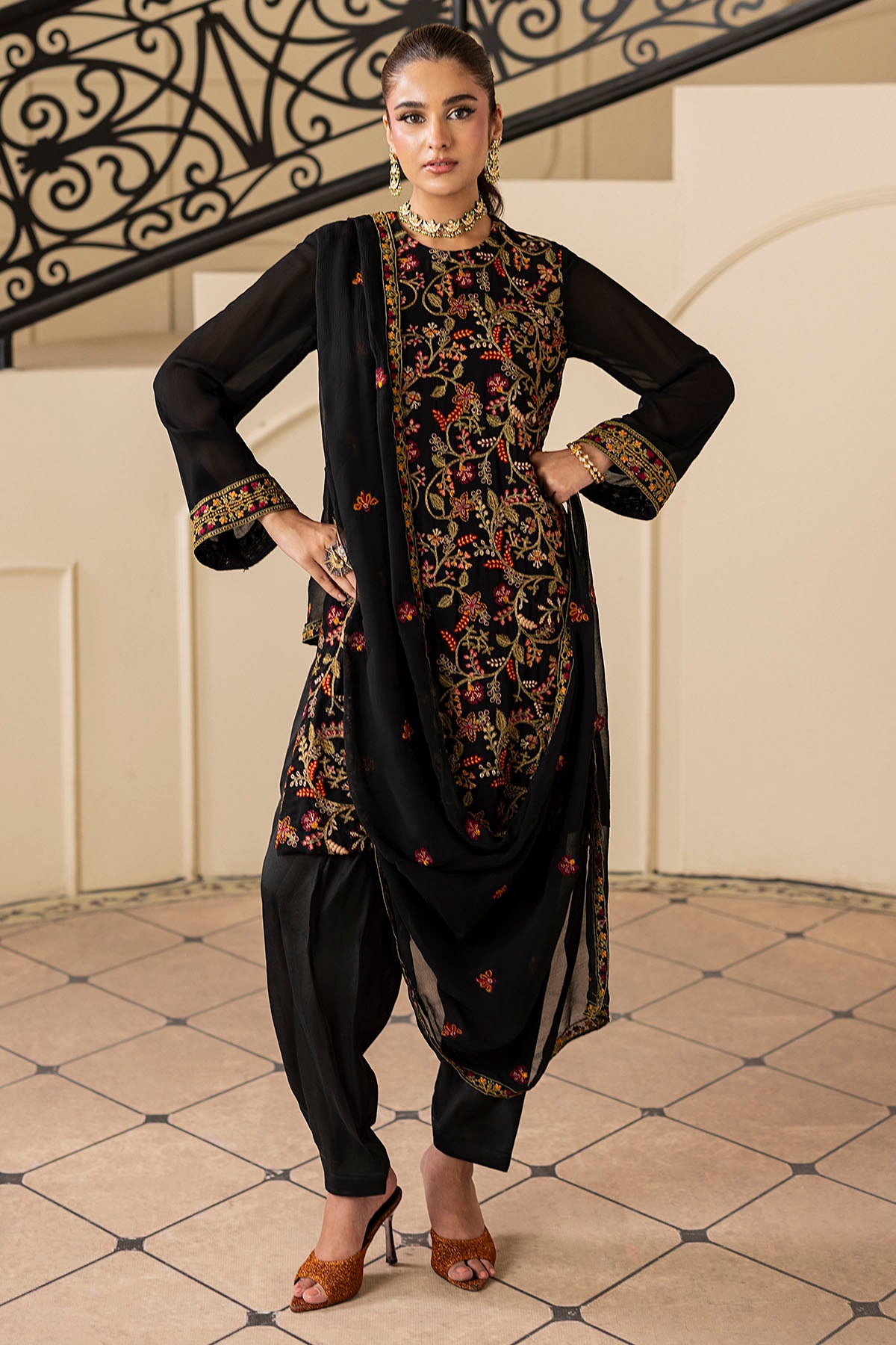 Black Embroidered Georgette Chiffon 3-Piece Suit - Image 2